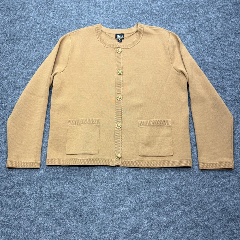 INC International Concepts Camel Tan Gold Crest Button Cardigan Sweater Womens M